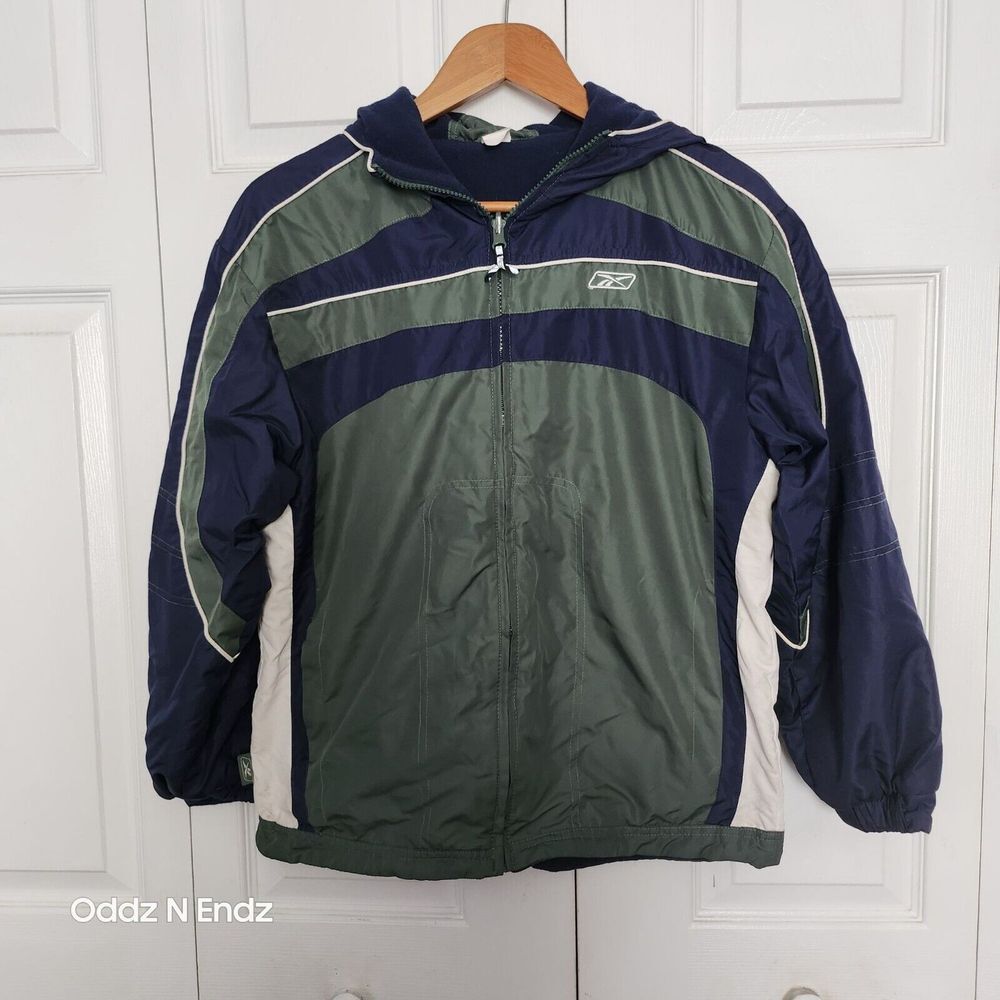 Reebok Large 14/16‎ Green & Navy Hooded Jacket zip up front
